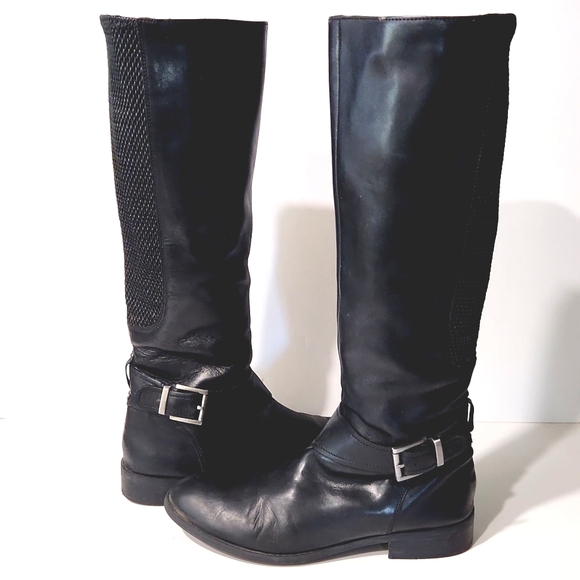Clarks Shoes - Clarks Pita Dakota Black Leather Riding Moto Buckle Zip Tall Boots Size 9.5